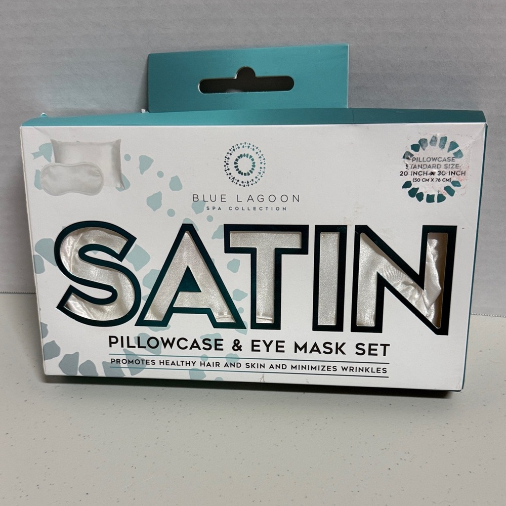 Blue Lagoon SATIN Pillowcase & Eye Mask Set White Spa Collection 20x30” case NEW
